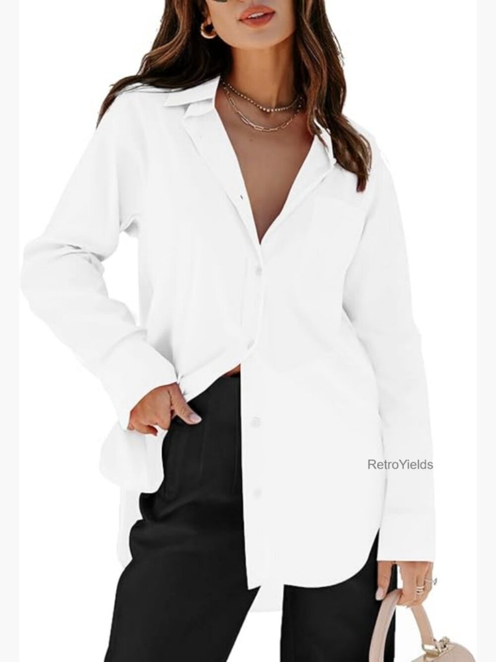 Oversized Button Down Blouse Long Sleeve Work Casual Tunic with Pockets